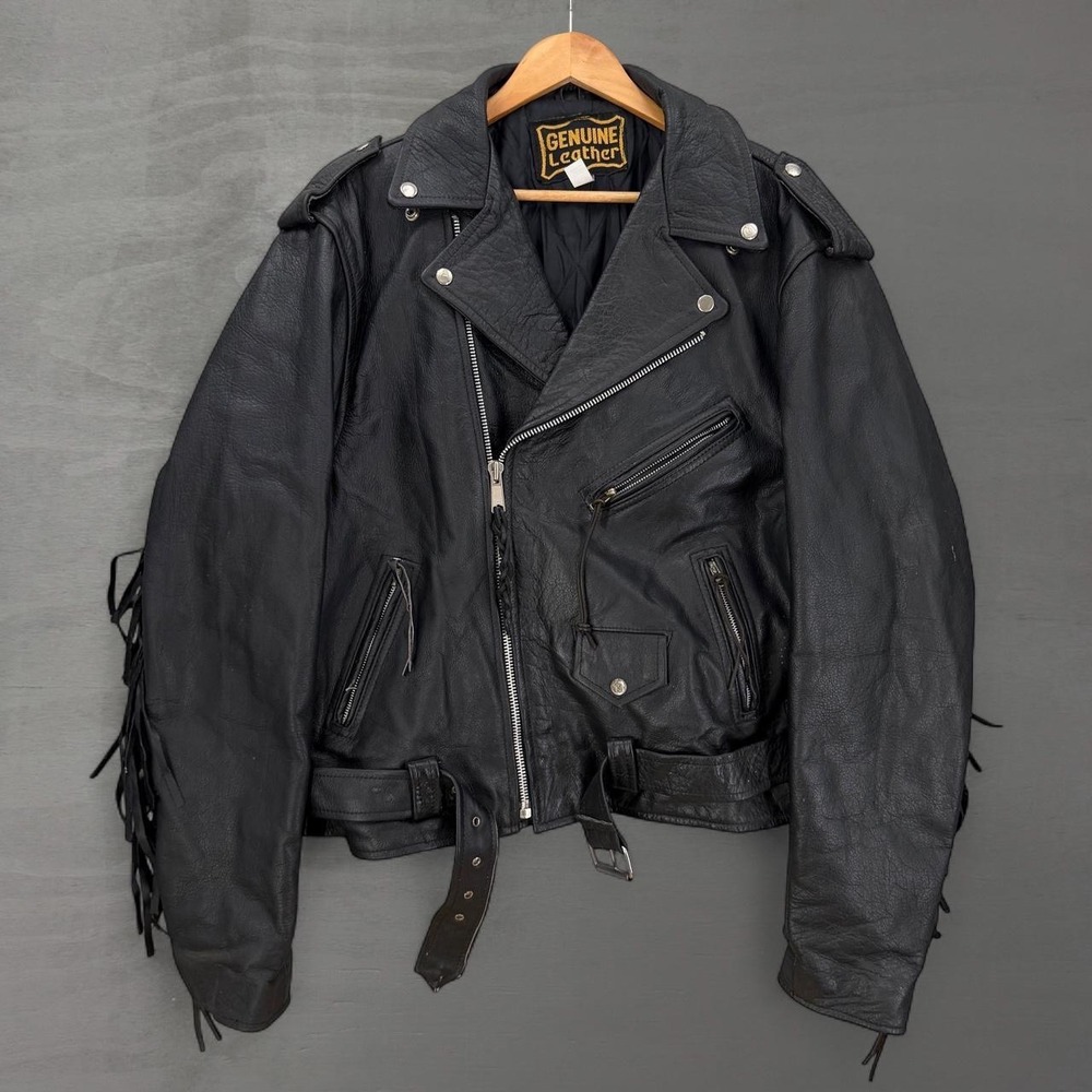 Vintage Genuine Leather Biker Jacket Black Fringe Concho Belted Moto 52